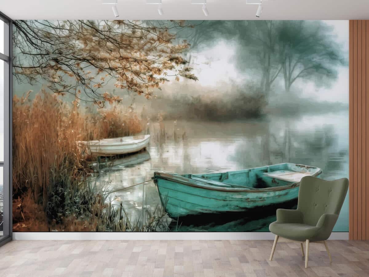 Nastrojowa Fototapeta do Sypialni- Łódki na jeziorze | Spokojny Krajobraz do wnętrz rustykalnych, boho 82108 - zdjęcie 3