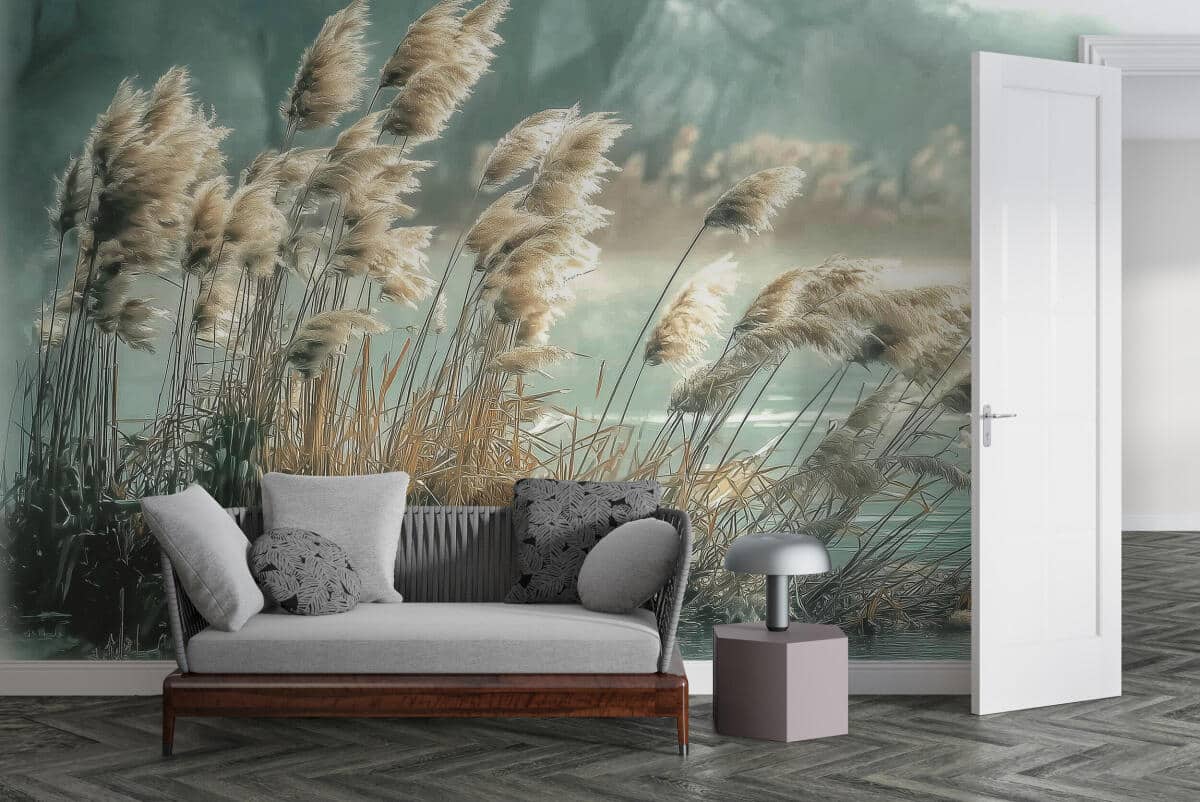 Relaksująca Fototapeta z Krajobrazem Jeziora- Trawy i Trzciny nad Wodą | Tapeta do salonu w stylu boho 82111 - zdjęcie 2