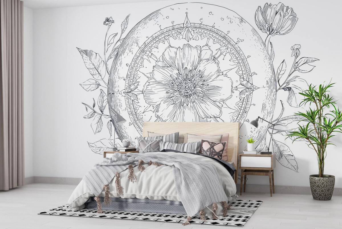Elegancka Fototapeta Line Art- Szkicowana Mandala i Kwiaty | Czarno-biała dekoracja na ścianę w stylu boho 82209