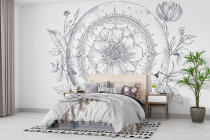 Elegancka Fototapeta Line Art- Szkicowana Mandala i Kwiaty | Czarno-biała dekoracja na ścianę w stylu boho 82209 - miniaturka 1