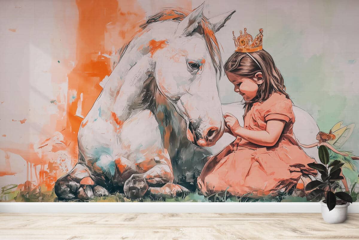 Akwarelowa Fototapeta- Księżniczka i Koń | Bajkowa dekoracja na ścianę do pokoju dziewczynki 82228 - zdjęcie 2