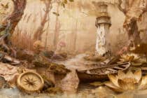 Fototapeta Retro z Latarnią i Łodziami | Baśniowy Pejzaż w Odcieniach Beżu i Złota 51041 - miniaturka 3