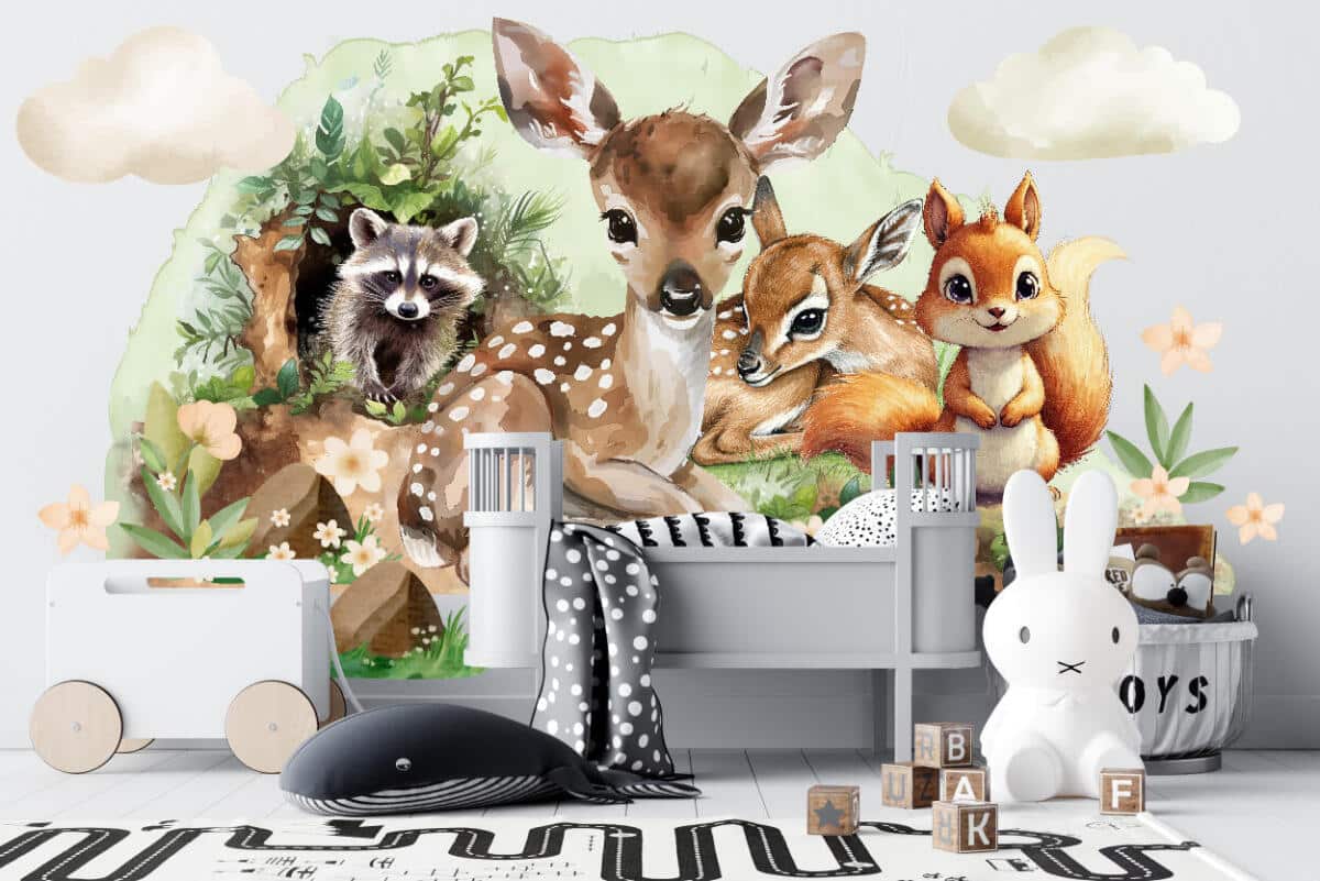 Naklejki na Ścianę dla Dzieci- Leśne Zwierzątka | Jelonek, Wiewiórka i Szop | Akwarelowe Obrazki do pokoju niemowlaka T42167 - zdjęcie 2
