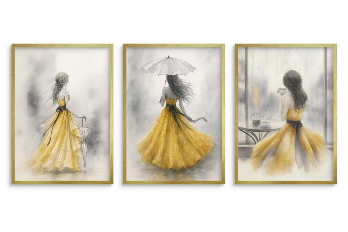 Subtelne Plakaty z kobietą w złotej sukni | Elegancki Tryptyk Akwarela | Obrazy na ścianę do salonu, sypialni 94025 - zdjęcie 5