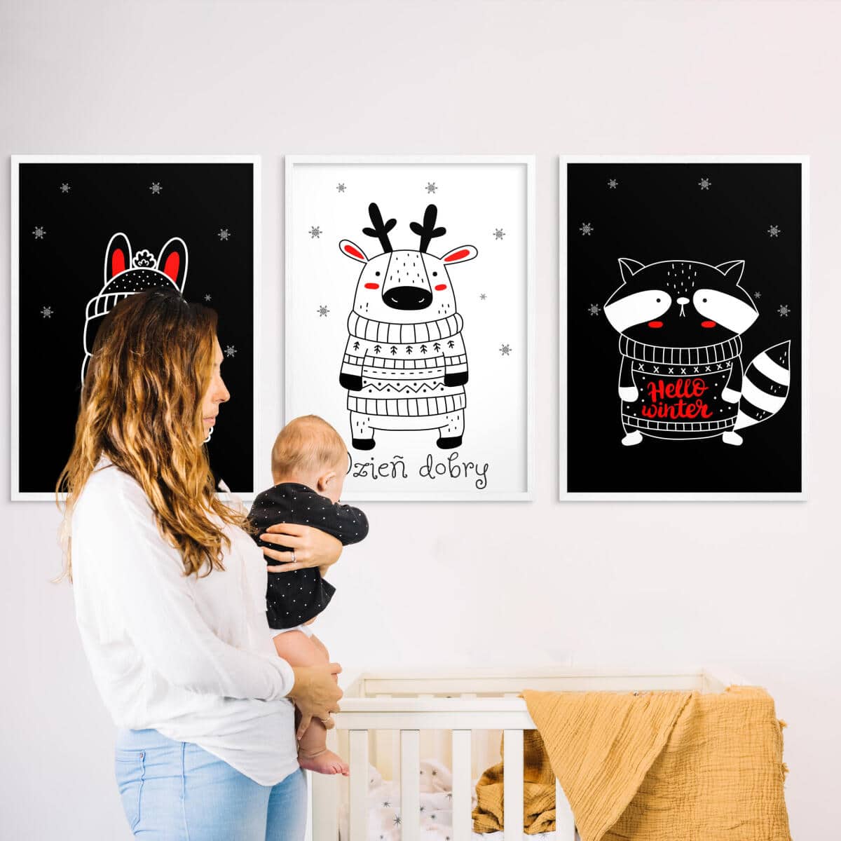 Zestaw Czarno-Białych Plakatów dla Niemowląt – Króliczek, Renifer i Szop | Kontrastowe Obrazki Montessori 82159 - zdjęcie 4