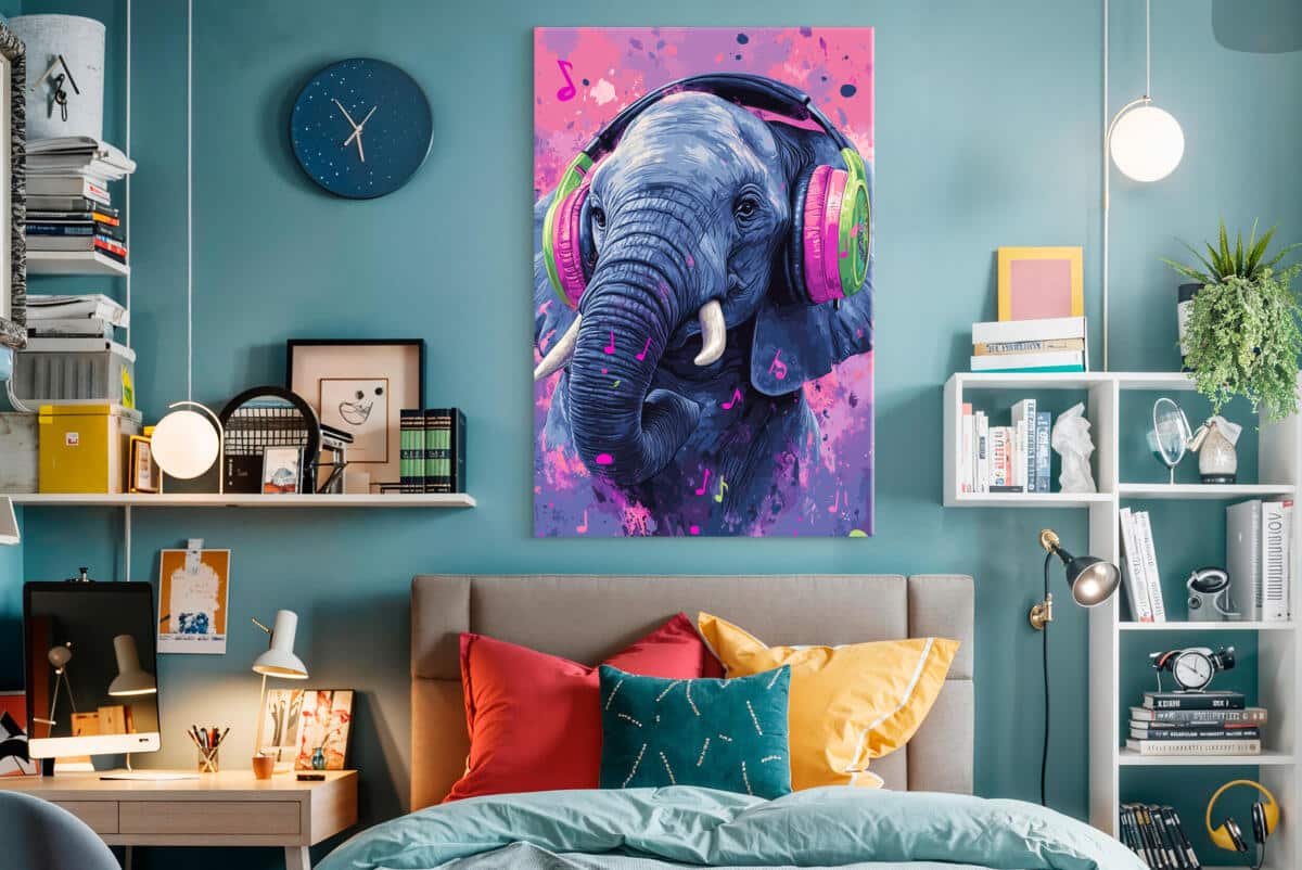 Designerski obraz na płótnie- Kolorowy słoń w słuchawkach | Dekoracja do pokoju młodzieżowego O94125 - zdjęcie 3