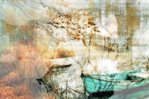 Artystyczna Fototapeta- Jesienny Pejzaż z Łódką na jeziorze | Akwarelowy Krajobraz w Odcieniach Turkusu i Beżu 51033 - miniaturka 3