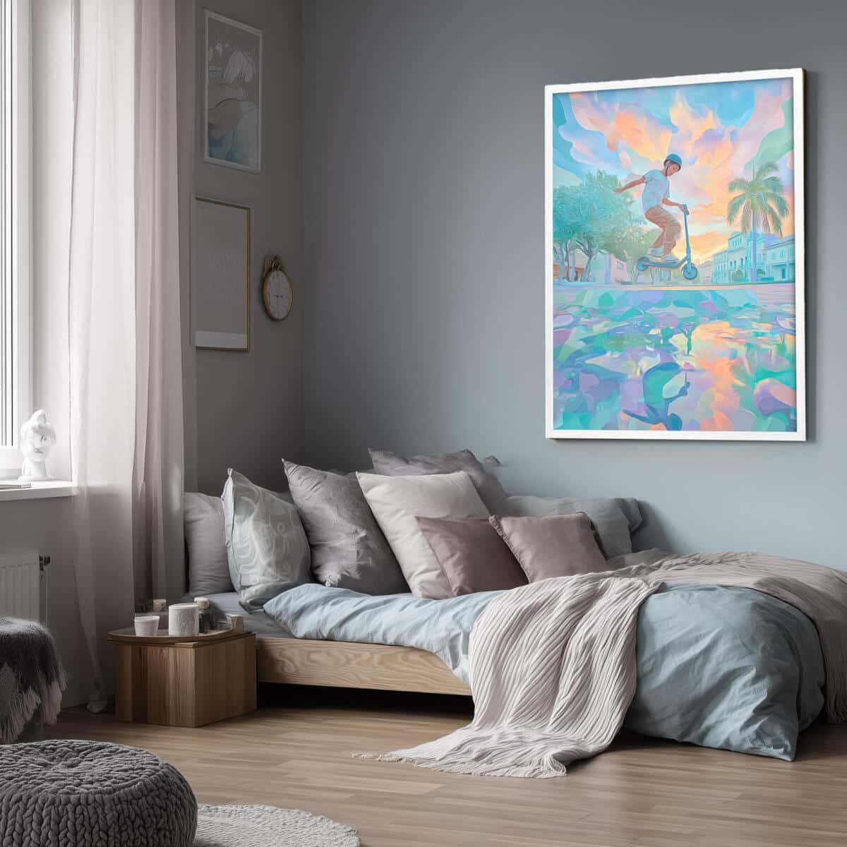 Młodzieżowy Plakat Urban Art– hulajnoga, miasto i pastelowe barwy | Kolorowa dekoracja do pokoju chłopca 82191 - zdjęcie 3