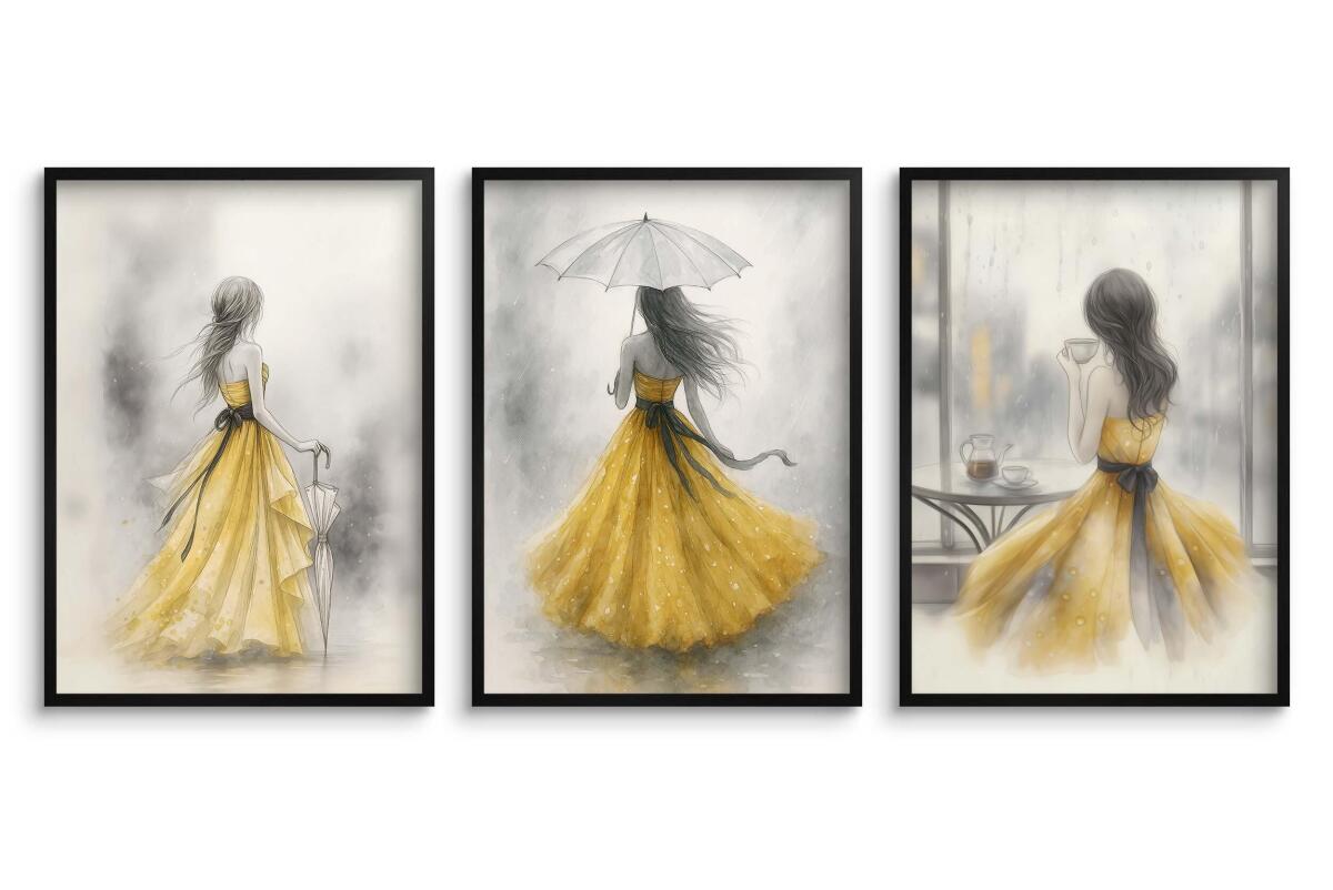 Subtelne Plakaty z kobietą w złotej sukni | Elegancki Tryptyk Akwarela | Obrazy na ścianę do salonu, sypialni 94025 - zdjęcie 7