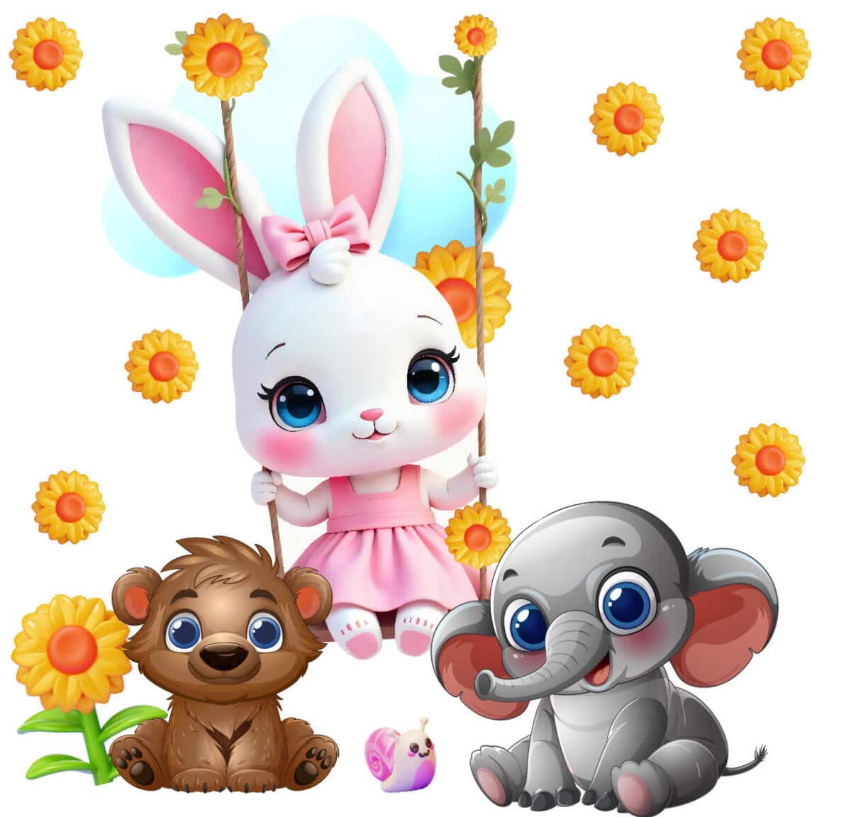 Urocze, Kolorowe Naklejki ścienne dla dzieci – Króliczek, Miś i Słonik | Bajkowy motyw do pokoju dziewczynki, niemowlaka T42174 - zdjęcie 3