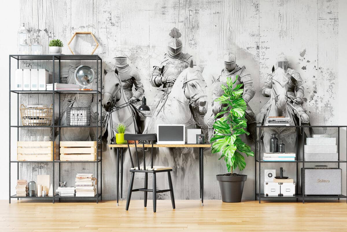 Czarno-biała Fototapeta dla gracza- Rycerze w zbrojach | Młodzieżowa Tapeta na ścianę szkic, motyw fantasy 82312 - zdjęcie 2