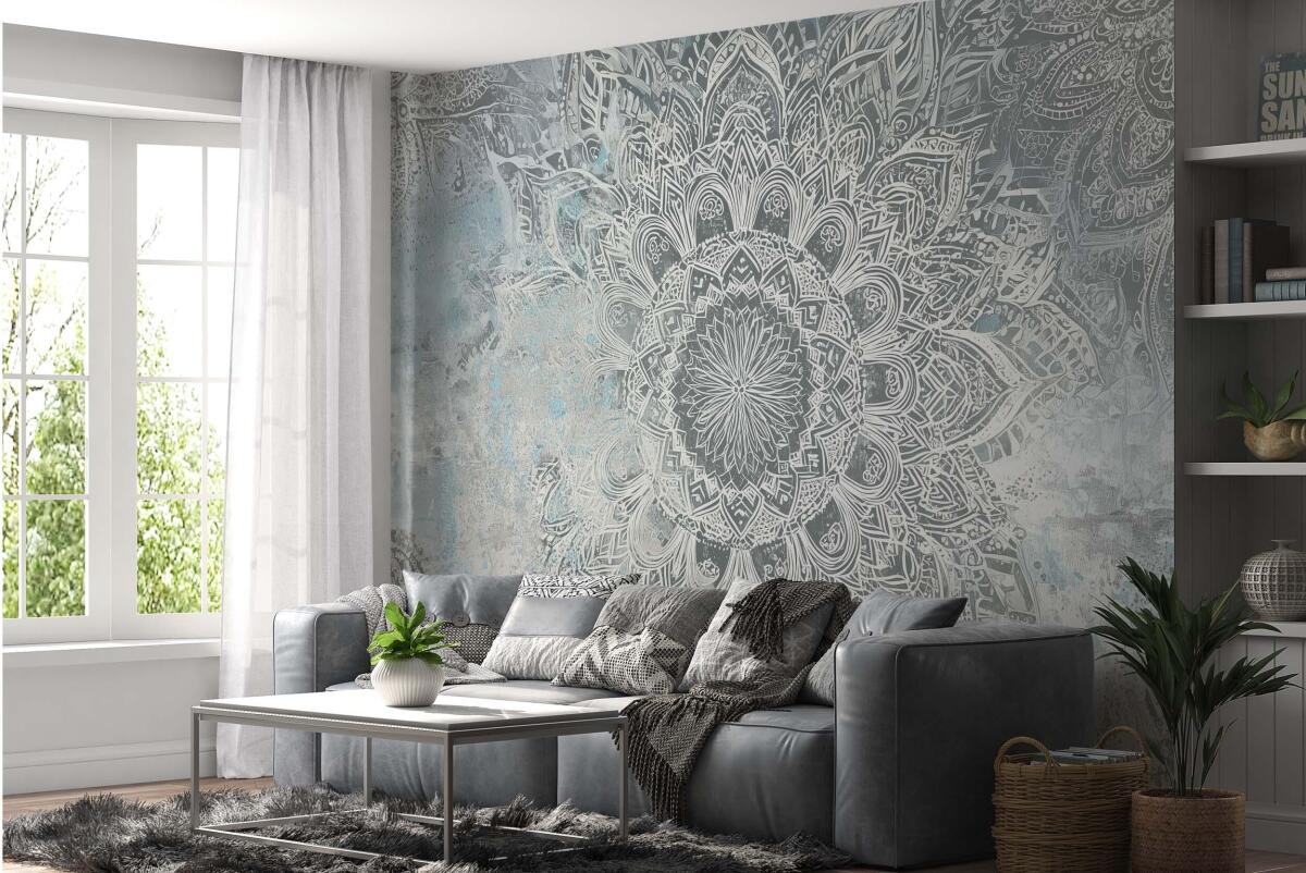 Fototapeta do salonu Elegancka Mandala- Orientalny Wzór w Odcieniach Szarości i Błękitu 82145