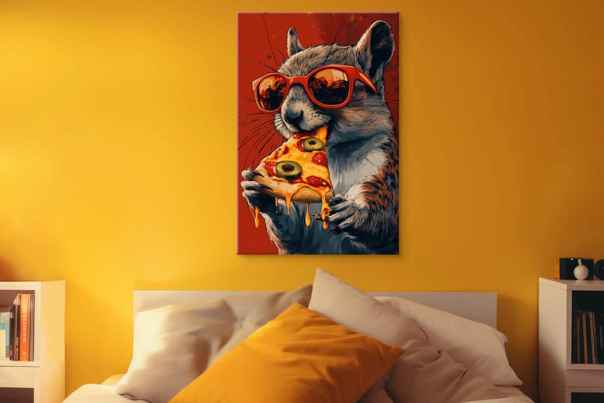 Nowoczesny obraz na płótnie Wiewiórka z pizzą | Dekoracja ścienna pop art | Humorystyczna grafika do biura i pokoju nastolatka O94122 - zdjęcie 4
