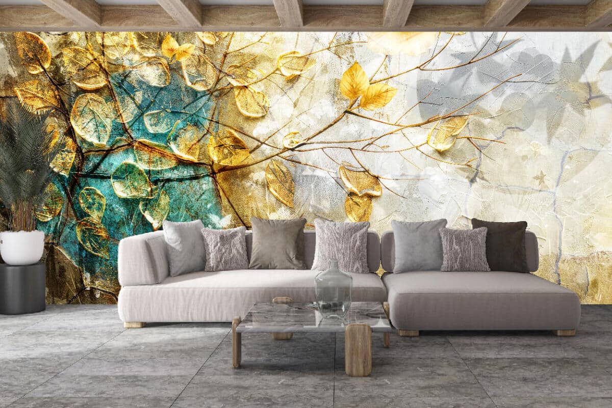 Elegancka Fototapeta z Motywem Kwiatów i Liści | Złota Tapeta do wnętrz Art Déco, Glamour 51037 - zdjęcie 1