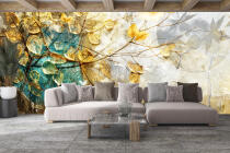 Elegancka Fototapeta z Motywem Kwiatów i Liści | Złota Tapeta do wnętrz Art Déco, Glamour 51037