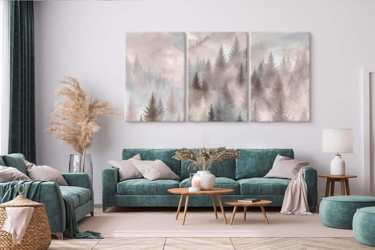 Tryptyk na Płótnie – Mglisty Las | Nowoczesny Obraz na ścianę do Salonu Boho i Nordic 82260 - zdjęcie 5