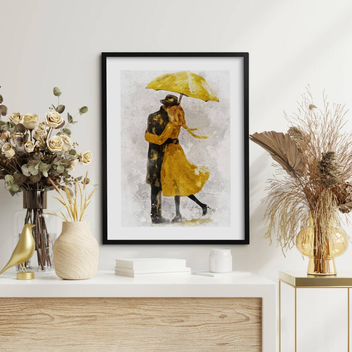 Plakat do sypialni- Para pod Żółtym Parasolem | Romantyczna Dekoracja Ścienna | Obraz Akwarela 82310 - zdjęcie 5