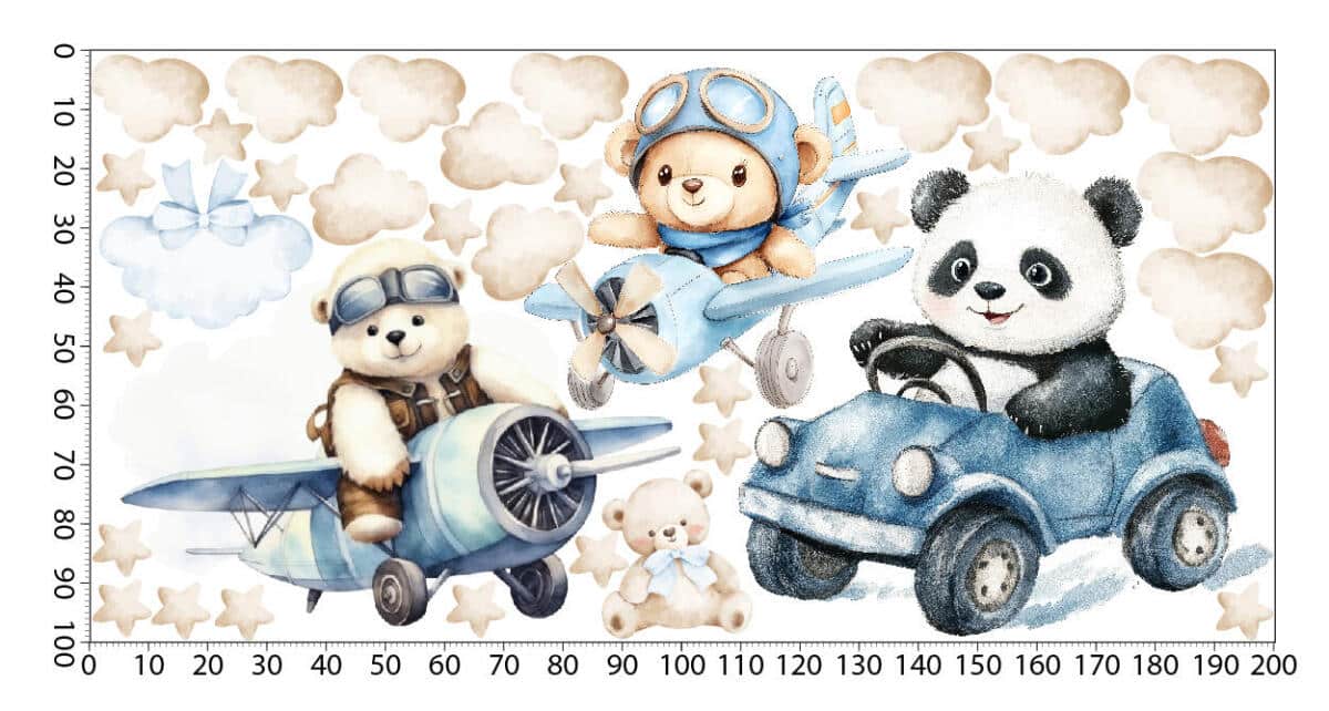 Urocze, Pastelowe Naklejki na ścianę – Misie i Panda | Zwierzątka, Autka, Samoloty- dekoracja do pokoju chłopca T42173 - zdjęcie 3