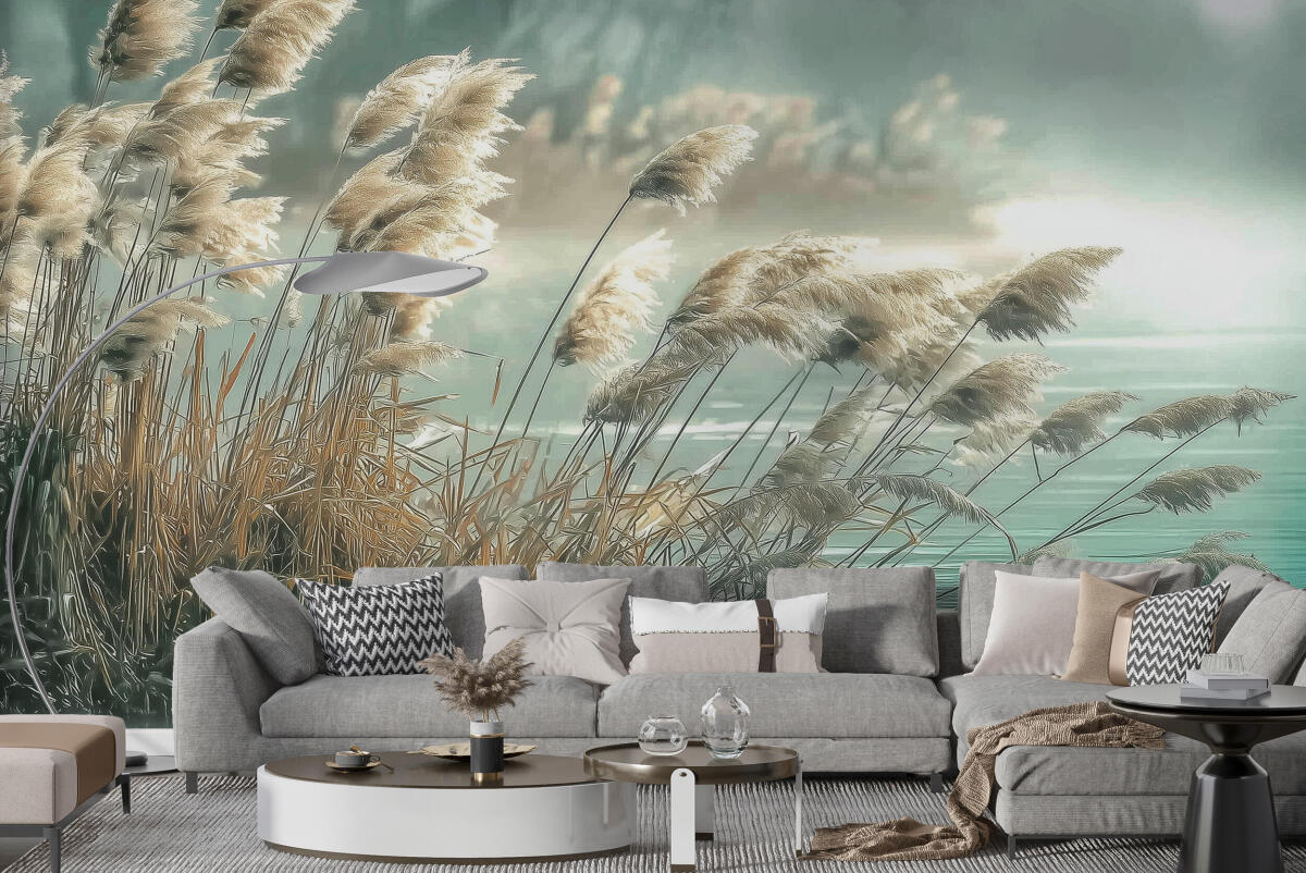 Relaksująca Fototapeta z Krajobrazem Jeziora- Trawy i Trzciny nad Wodą | Tapeta do salonu w stylu boho 82111 - zdjęcie 3