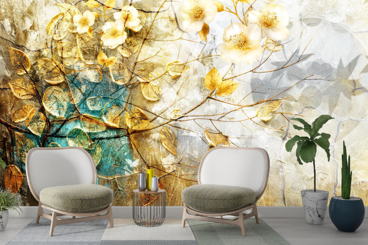Elegancka Fototapeta z Motywem Kwiatów i Liści | Złota Tapeta do wnętrz Art Déco, Glamour 51037 - zdjęcie 2