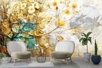 Elegancka Fototapeta z Motywem Kwiatów i Liści | Złota Tapeta do wnętrz Art Déco, Glamour 51037 - miniaturka 2