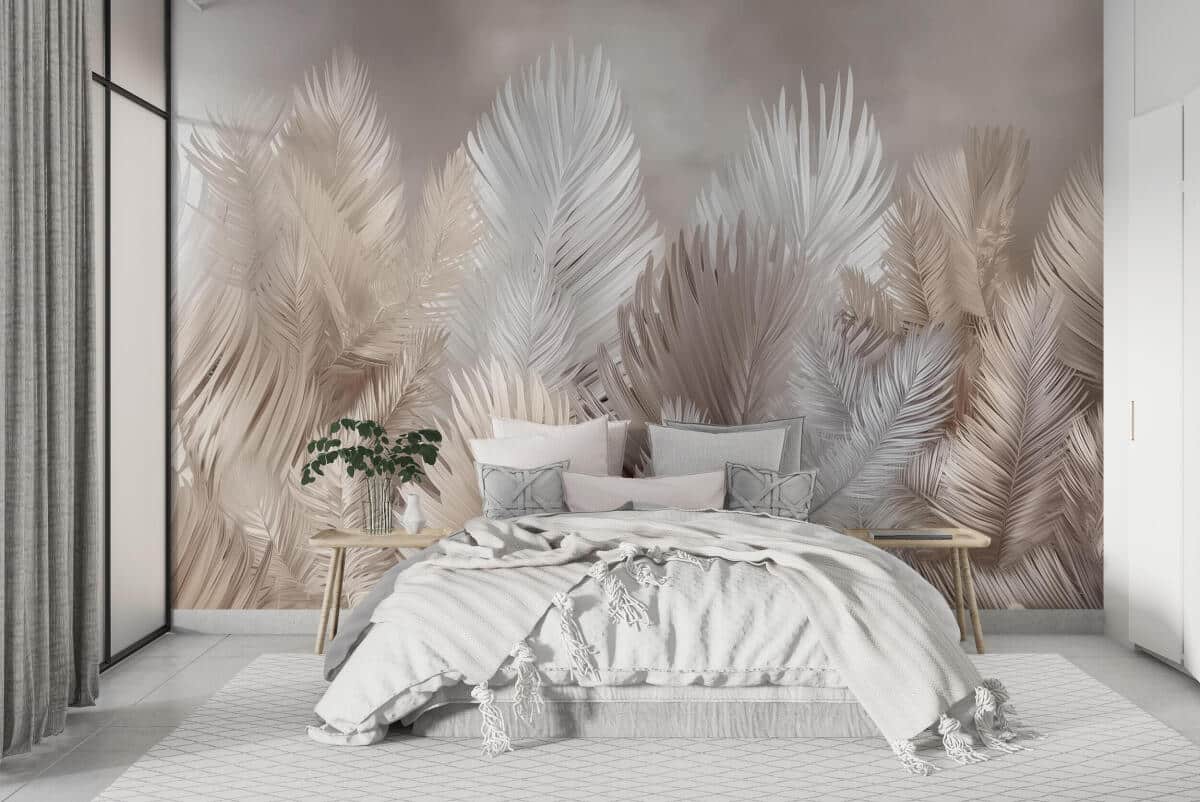 Fototapeta Roślinna w Odcieniach Beżu- Subtelne Liście | Kremowa Tapeta do sypialni 82247 - zdjęcie 3