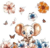 Słonik wśród kwiatów i motyli– Naklejka ścienna dla dzieci | Pastelowa dekoracja do pokoju dziewczynki T42169 - miniaturka 3