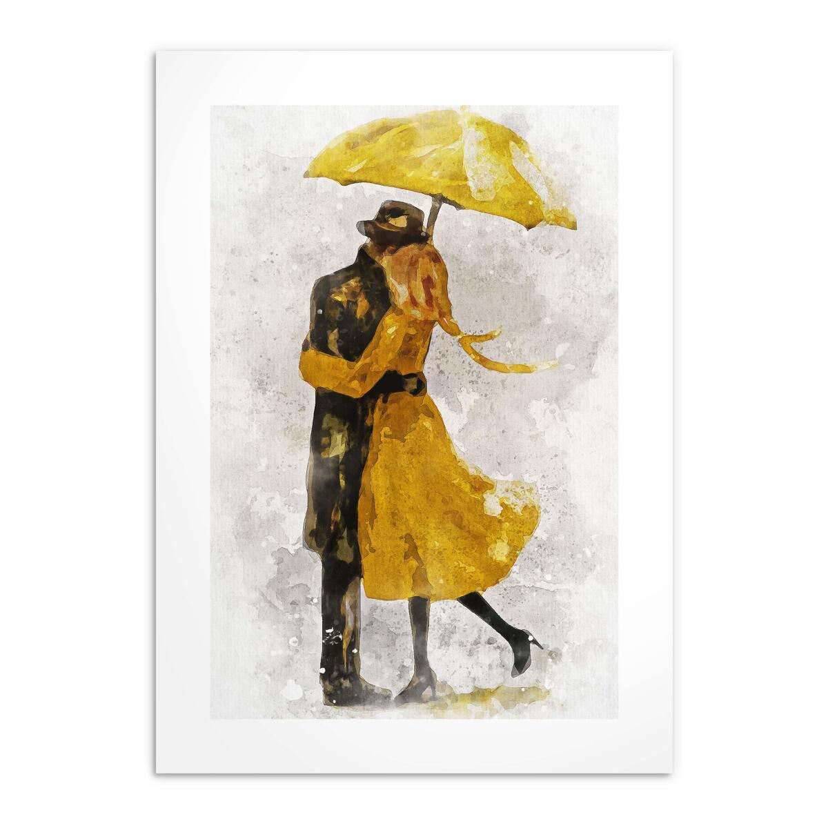 Plakat do sypialni- Para pod Żółtym Parasolem | Romantyczna Dekoracja Ścienna | Obraz Akwarela 82310 - zdjęcie 4