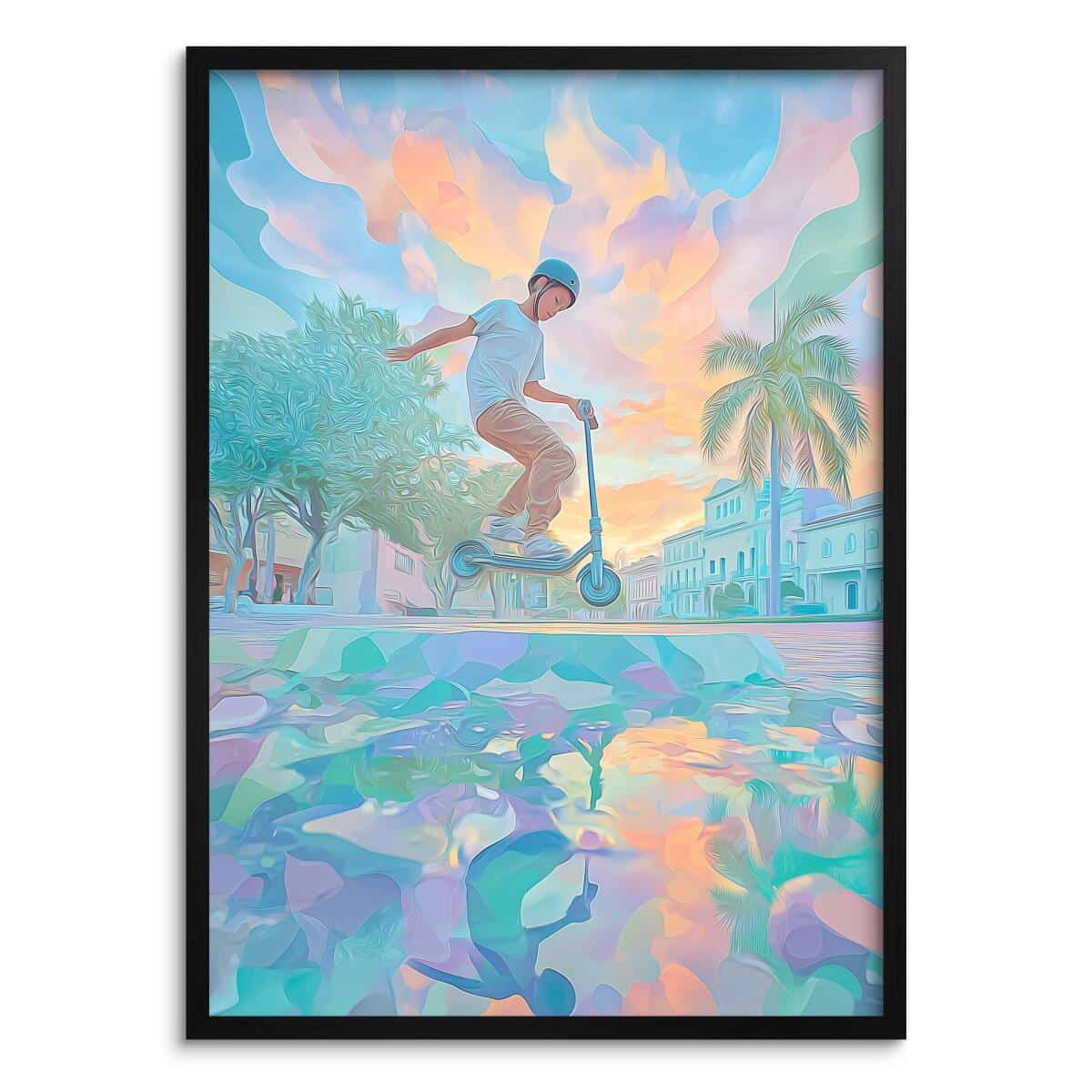 Młodzieżowy Plakat Urban Art– hulajnoga, miasto i pastelowe barwy | Kolorowa dekoracja do pokoju chłopca 82191 - zdjęcie 6