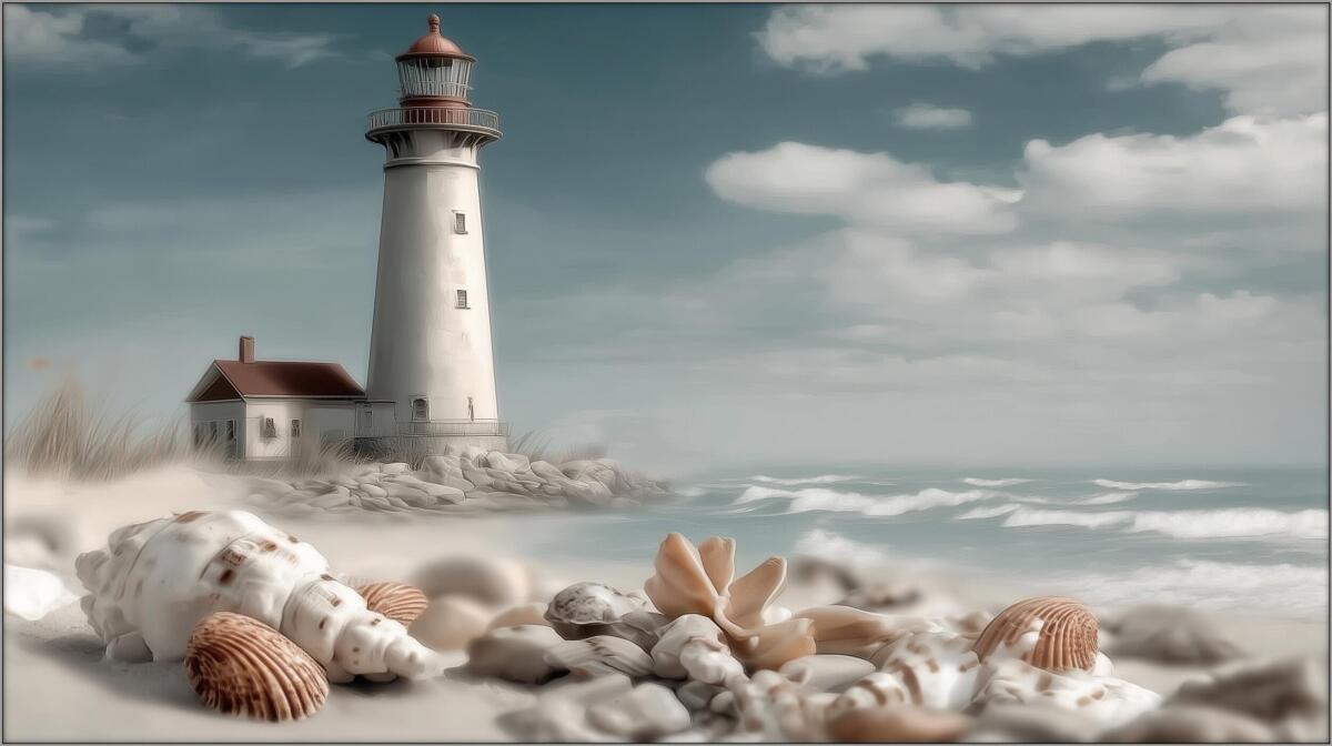 Marynistyczna fototapeta- Latarnia, muszle, plaża | Pejzaż morski do salonu i sypialni 82104 - zdjęcie 4