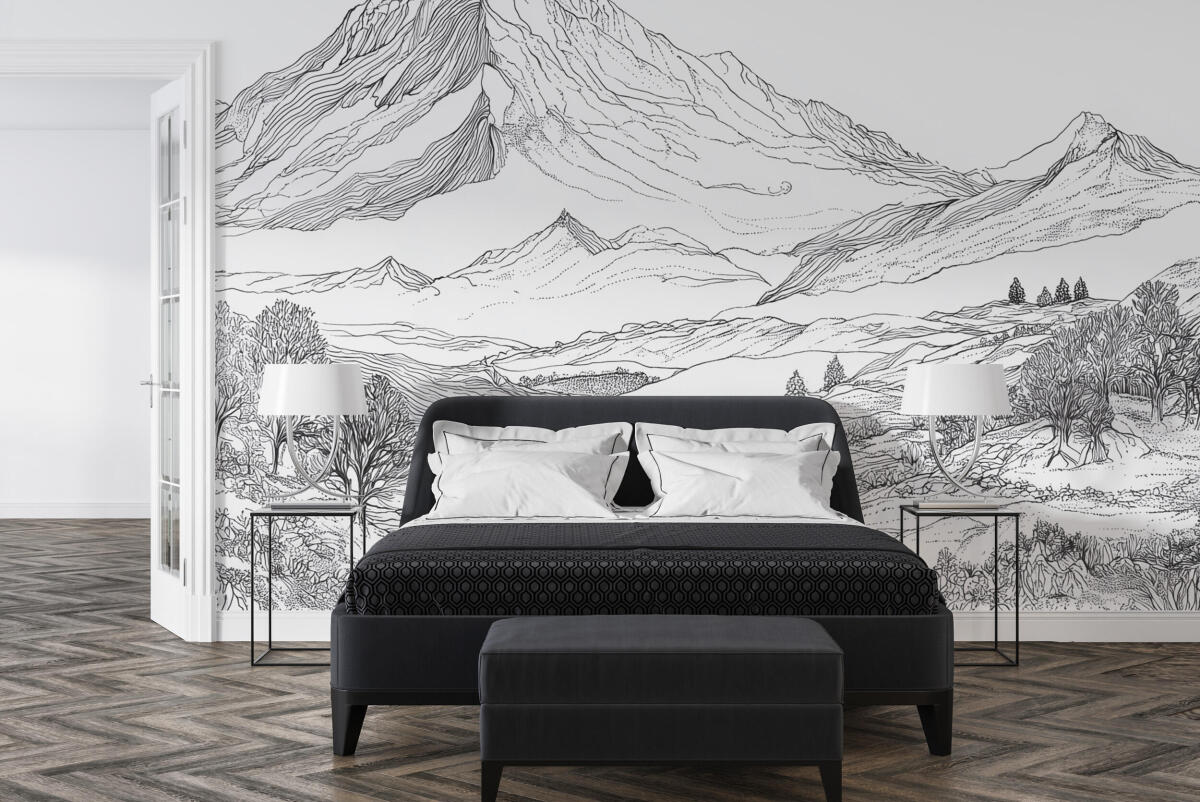 Artystyczna Fototapeta- Szkic górskiego pejzażu | Czarno-biały krajobraz | Grafika Liniowa do biura i salonu 82207 - zdjęcie 3
