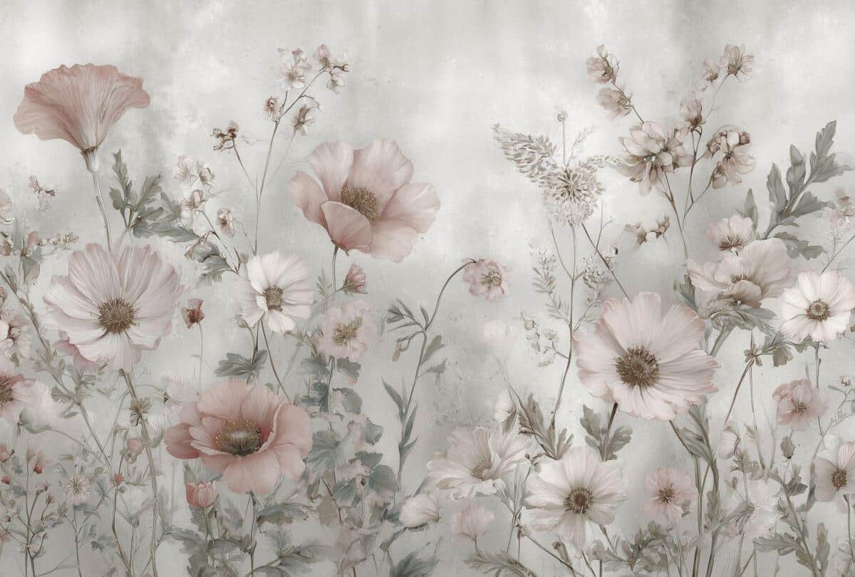 Subtelna Fototapeta- Pastelowa Łąka, Kwiaty | Beżowa Tapeta do sypialni w stylu boho, shabby chic 82314 - zdjęcie 4