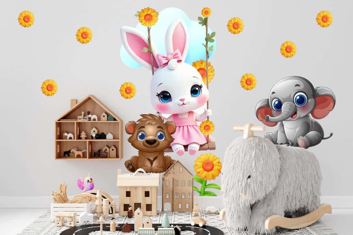 Urocze, Kolorowe Naklejki ścienne dla dzieci – Króliczek, Miś i Słonik | Bajkowy motyw do pokoju dziewczynki, niemowlaka T42174 - zdjęcie 2