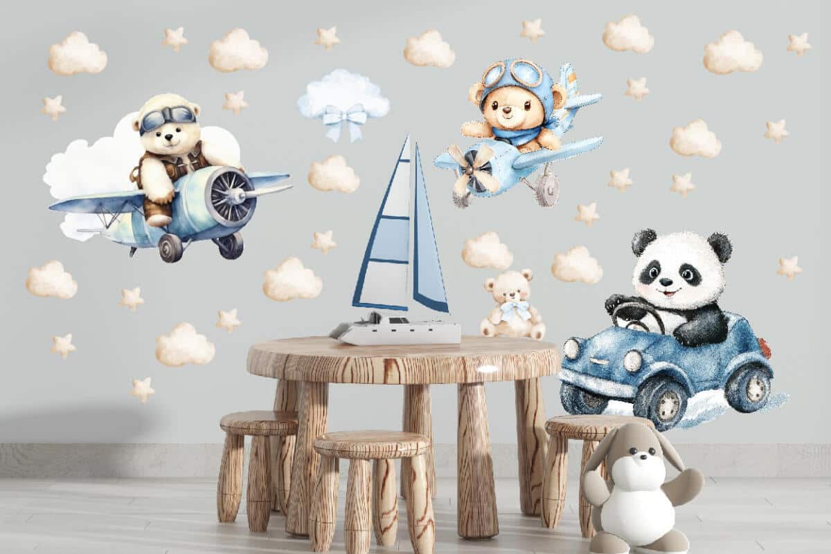 Urocze, Pastelowe Naklejki na ścianę – Misie i Panda | Zwierzątka, Autka, Samoloty- dekoracja do pokoju chłopca T42173 - zdjęcie 2