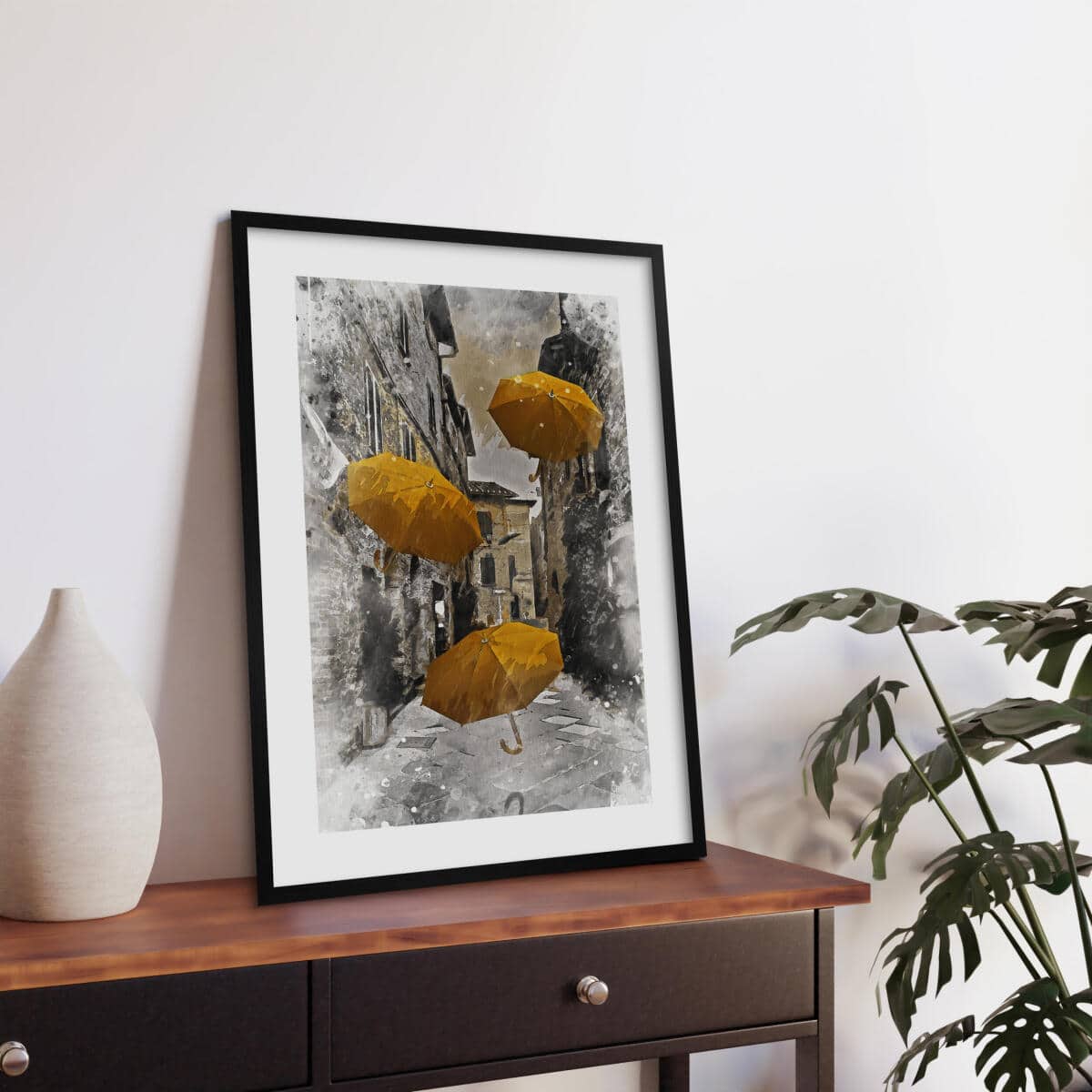 Elegancki, Plakat z Miejskim Pejzażem i Żółtymi Parasolami | Klimatyczna Uliczka w Akwareli 82311 - zdjęcie 3