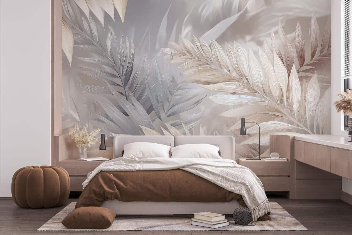 Elegancka Fototapeta z Beżowymi Liśćmi | Dekoracyjna tapeta w stylu boho i glamour | Nowoczesny motyw roślinny do salonu i sypialni 82248 - zdjęcie 3