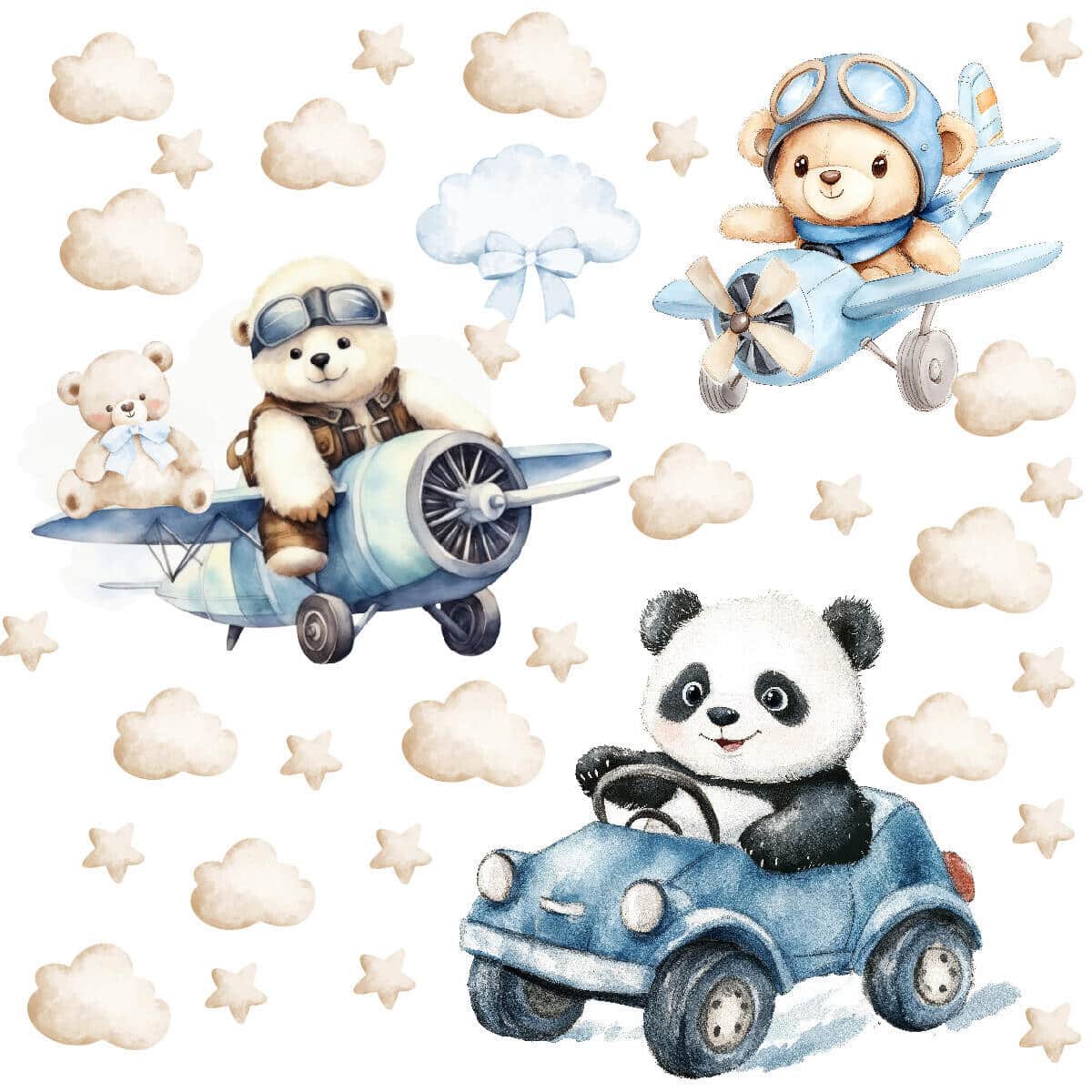 Urocze, Pastelowe Naklejki na ścianę – Misie i Panda | Zwierzątka, Autka, Samoloty- dekoracja do pokoju chłopca T42173 - zdjęcie 4