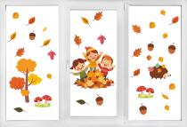 Jesienne Naklejki na Szybę – Liście, Jeż i Dzieci | Kolorowe Dekoracje na okno do Przedszkola, żłobka i Pokoju Dziecka 68023 - miniaturka 3