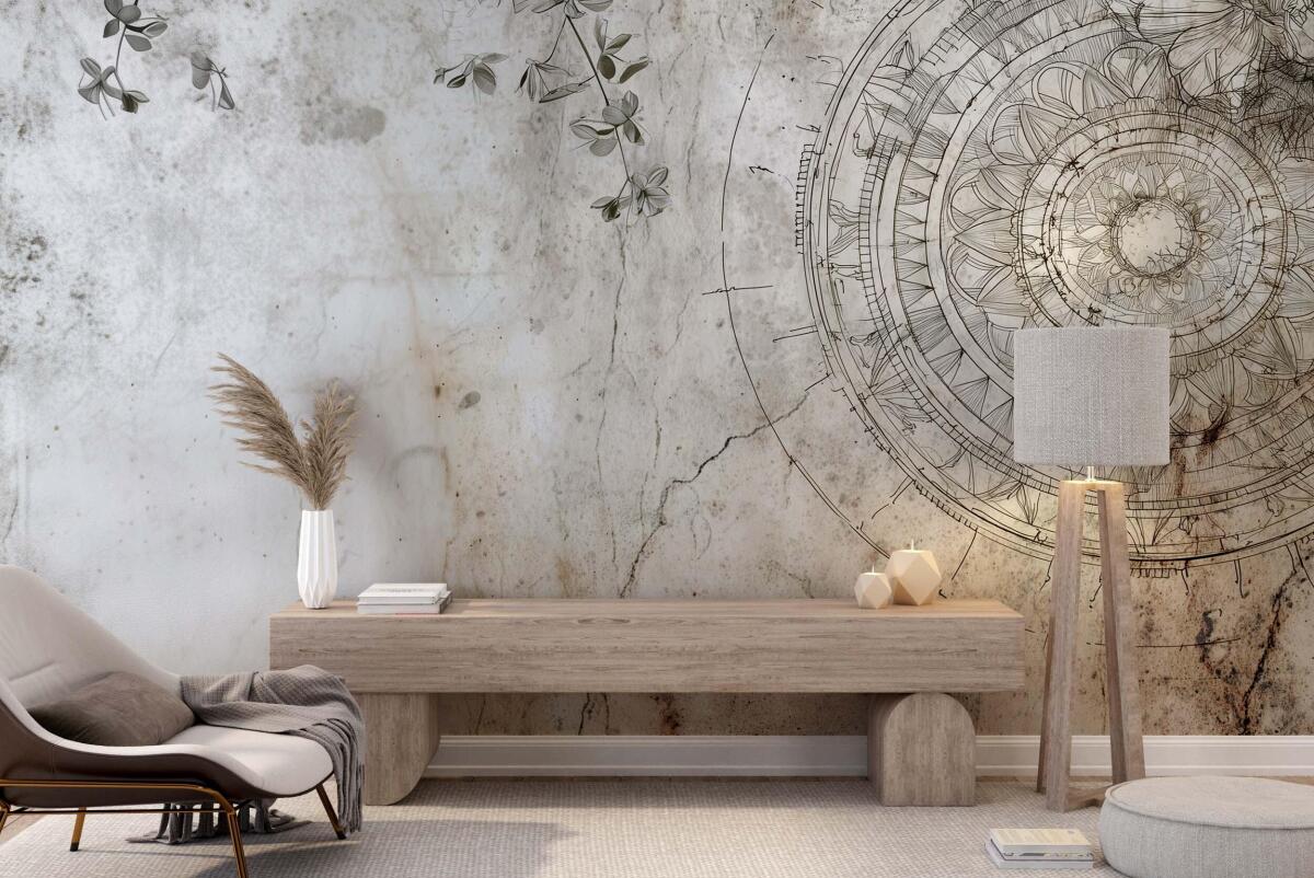 Fototapeta Vintage- Mandala na postarzanym murze | Rustykalna dekoracja ścienna do salonu i sypialni 82146 - zdjęcie 3
