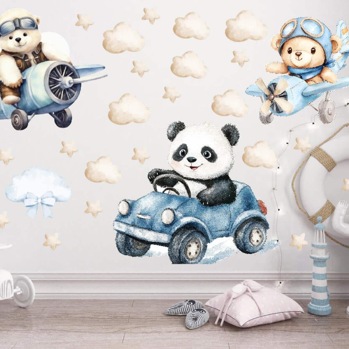 Urocze, Pastelowe Naklejki na ścianę – Misie i Panda | Zwierzątka, Autka, Samoloty- dekoracja do pokoju chłopca T42173 - zdjęcie 1