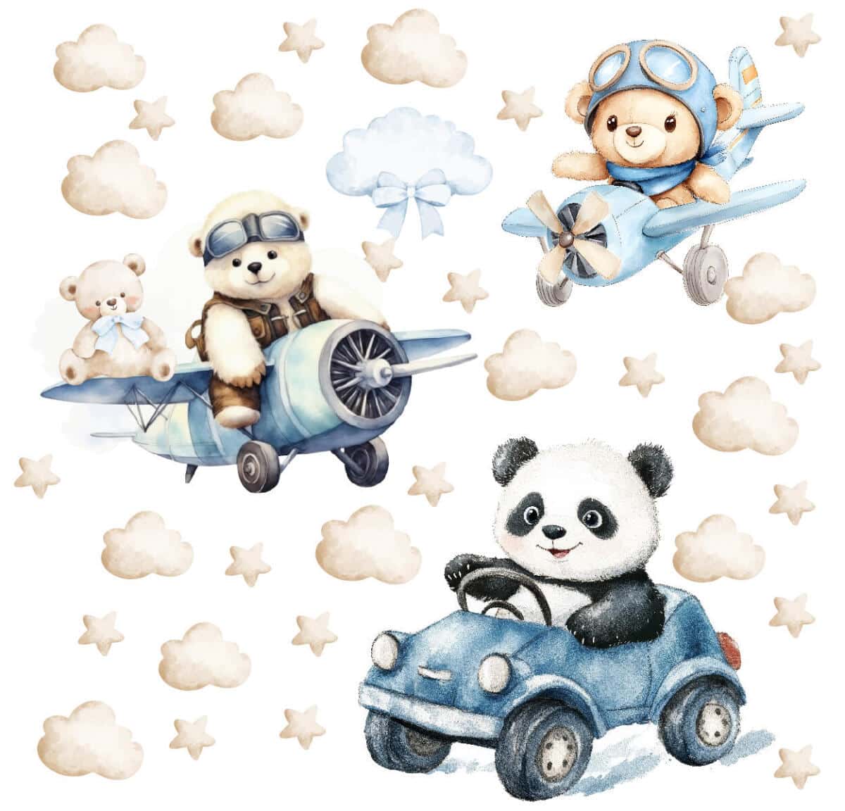 Urocze, Pastelowe Naklejki na ścianę – Misie i Panda | Zwierzątka, Autka, Samoloty- dekoracja do pokoju chłopca T42173 - zdjęcie 4