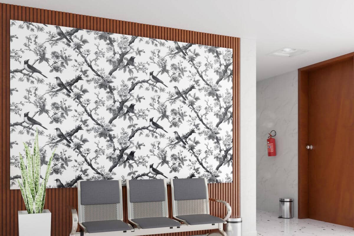 Czarno- biała Fototapeta do hotelu, gabinetu- Ptaki i Kwiaty | Elegancka Fototapeta Vintage 82328 - zdjęcie 1