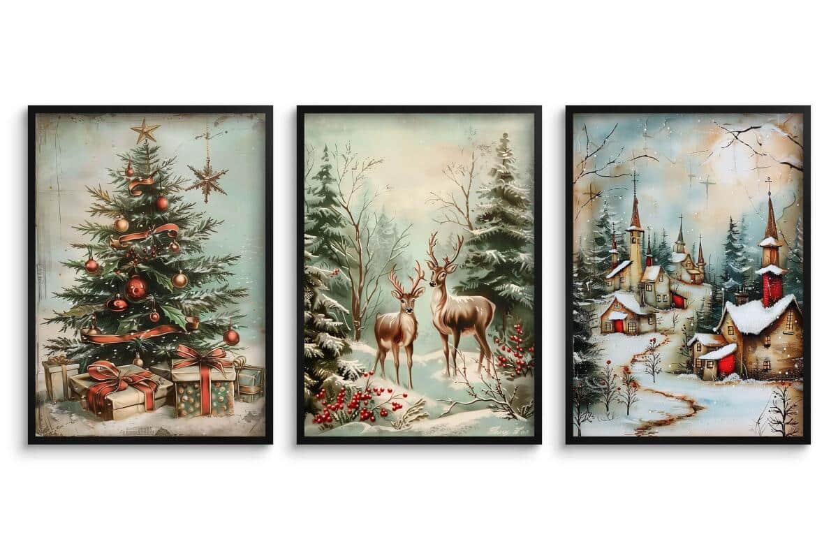 Zestaw Plakatów Bożonarodzeniowych- Choinka, Jelenie, Zimowa Wioska | Świąteczne Obrazy w klimacie Retro KP399 - zdjęcie 6