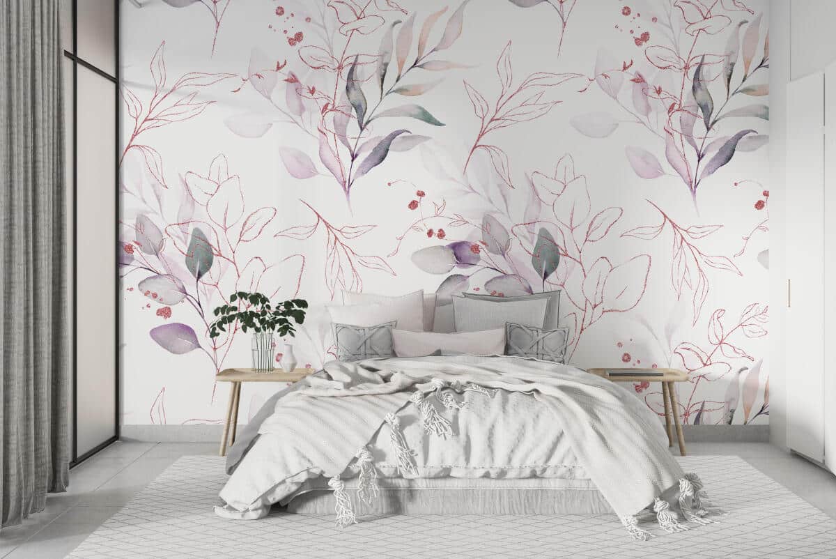 Fototapeta Pastelowe Liście Akwarela | Delikatny Motyw Roślinny | Subtelna Dekoracja Ścienna w różu 82252 - zdjęcie 3