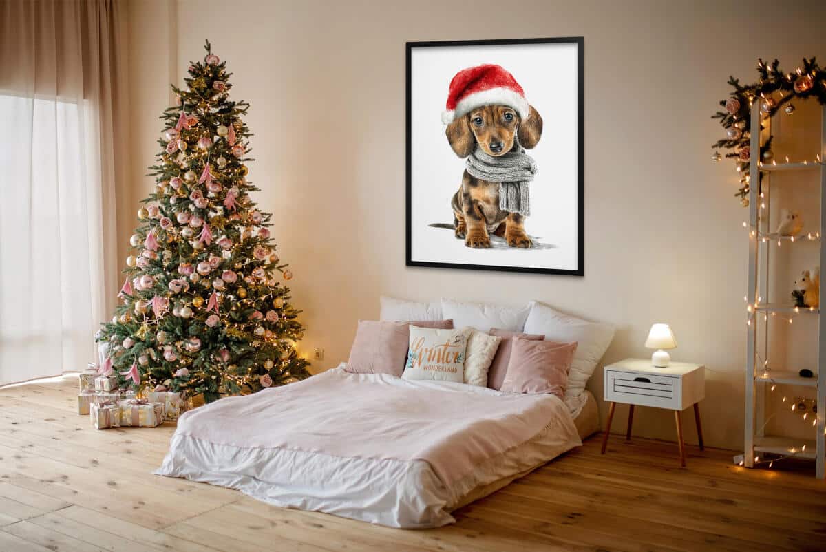 Plakat Bożonarodzeniowy z Psem- Jamnik w Czapce Mikołaja | Zabawna dekoracja świąteczna do pokoju dziecka, nastolatka 82320 - zdjęcie 2