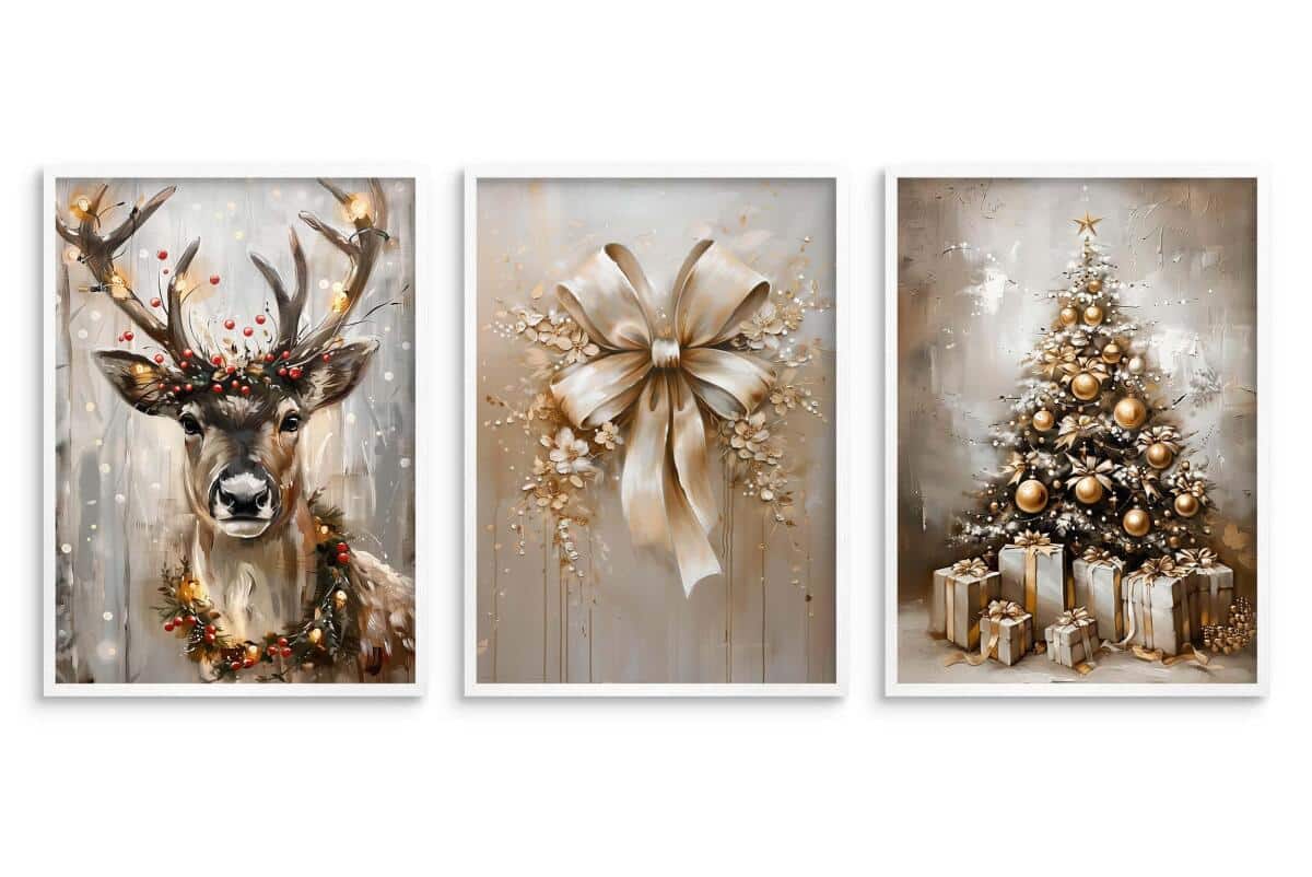 Plakaty Świąteczne Glamour – Renifer, Złota Kokarda, Choinka z Prezentami | Eleganckie Obrazy Zimowe KP400 - zdjęcie 9