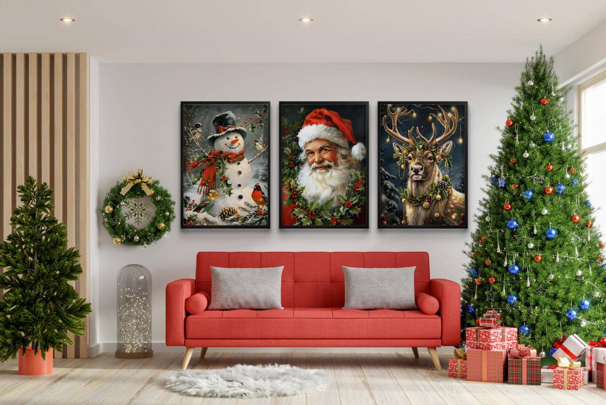 Świąteczne Obrazy na ścianę – Mikołaj, Bałwan, Renifer | Bożonarodzeniowe Plakaty | Zimowa Dekoracja Ścienna do Domu KP401 - zdjęcie 5
