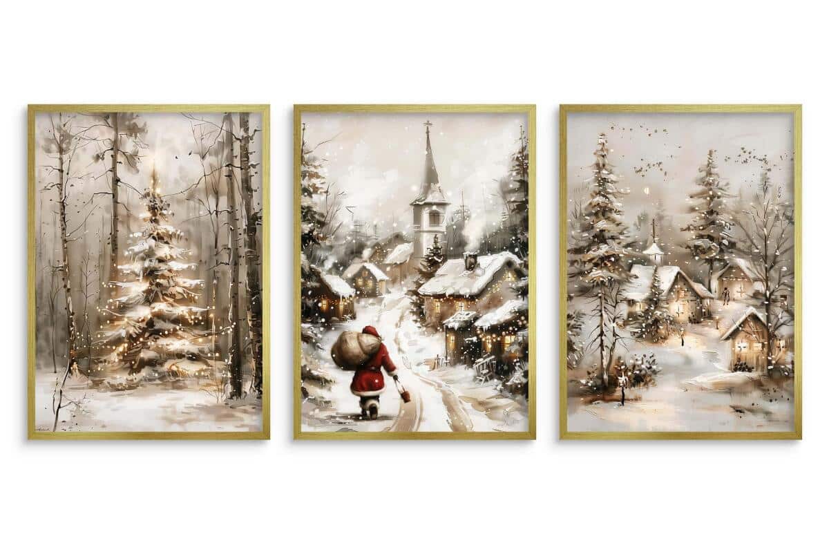 Zestaw Plakatów Świątecznych z Mikołajem i Zimowym Pejzażem | Dekoracja na Święta Bożego Narodzenia do Salonu KP402 - zdjęcie 6
