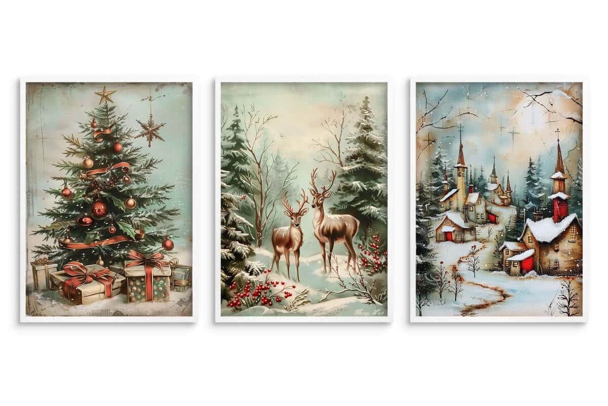 Zestaw Plakatów Bożonarodzeniowych- Choinka, Jelenie, Zimowa Wioska | Świąteczne Obrazy w klimacie Retro KP399 - zdjęcie 5