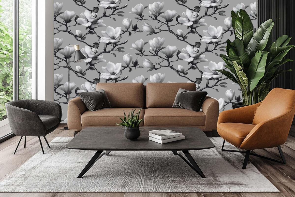 Fototapeta do biura – Eleganckie Magnolie | Czarno-Biały Botaniczny wzór do gabinetu, salonu 82325 - zdjęcie 2